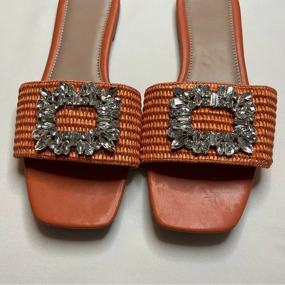 Amazon LVOMU Rhinestone Orange Weave Square Toe Flat Slide Sandals Size EU 38